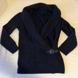 Ralph Lauren Cable Knit Cashmere Navy Sweater with Buckle Detail